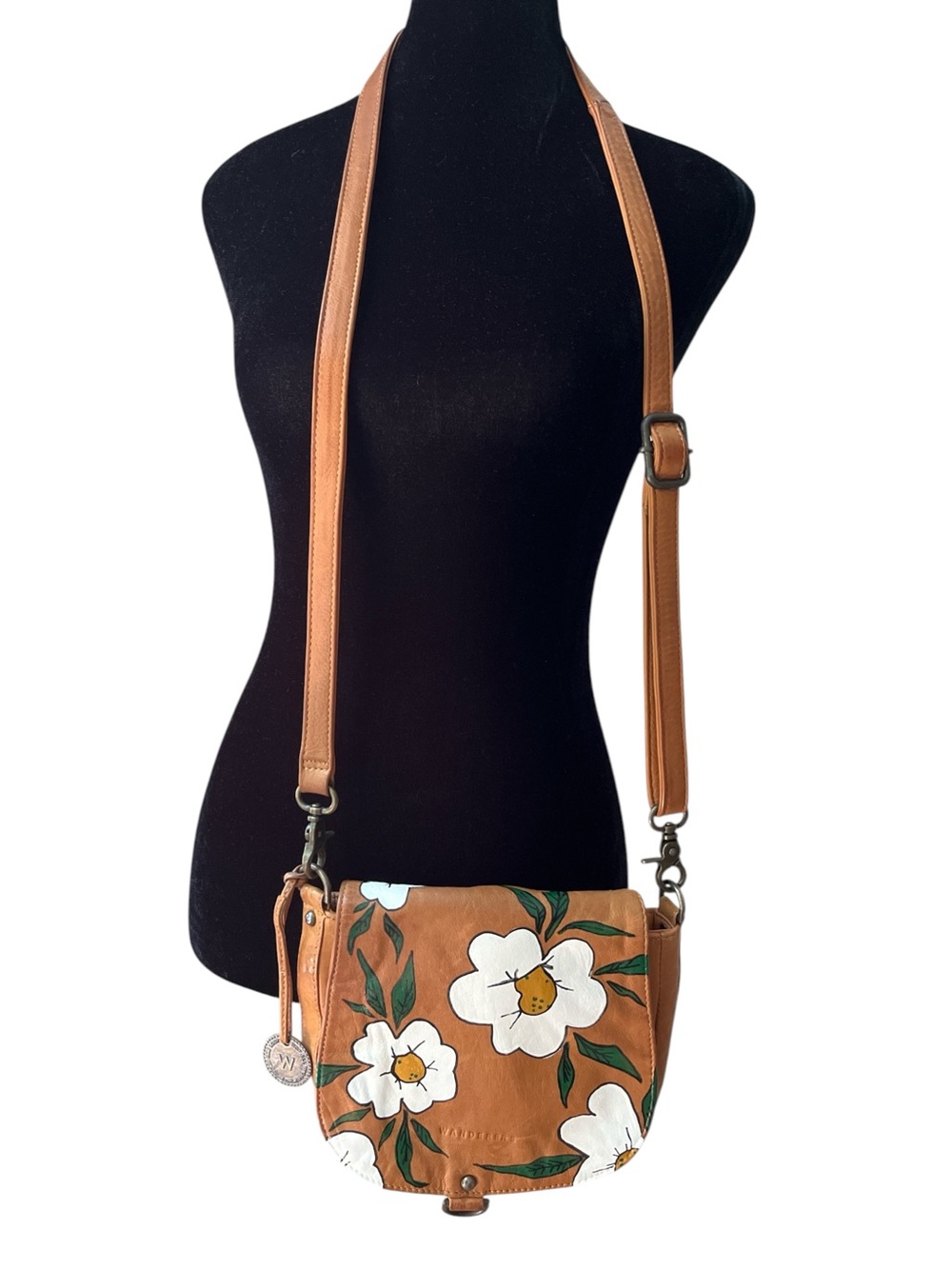 Hand Painted Vintage Leather Crossbody Purse Floral The Wanderer Travel Company
